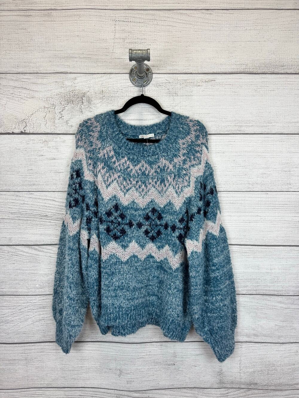 Cato Women's Blue Knit Fuzzy Chevron Snowflake Crew Neck Sweater Size XL